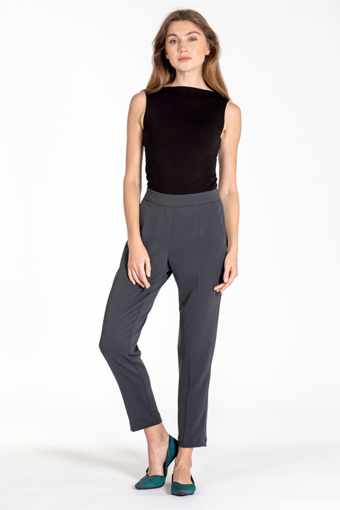 Comfortable pull-on relaxed slim leg pants - front view charcoal