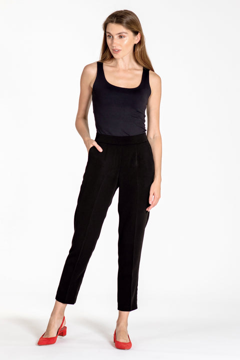 Comfortable pull-on relaxed slim leg pants - front view black