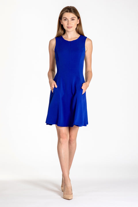 Sleeveless zip-front fit & flare dress - front view royal blue