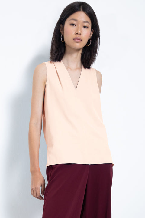 Silky sleeveless pleated V-neck blouse - front view