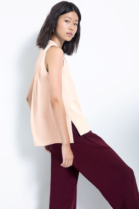 Silky sleeveless pleated V-neck blouse - back side view